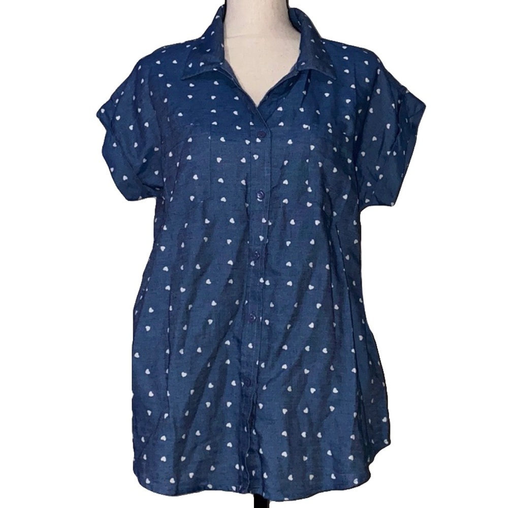 Rich & Beautiful heart print blouse 1x chambray